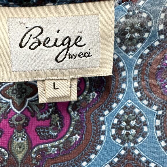 Beige by eci Large Sheer Blouse Beaded Neckline Colorful Boho Feminine Flowy - Picture 5 of 9